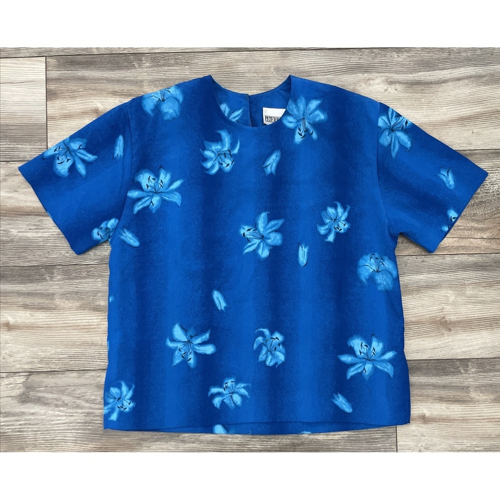 Vintage Peter Popovitch Blue Floral Artsy Short Sleeve Blouse Top Large